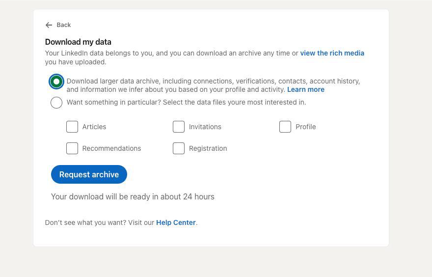 Tela de exportação de dados do LinkedIn